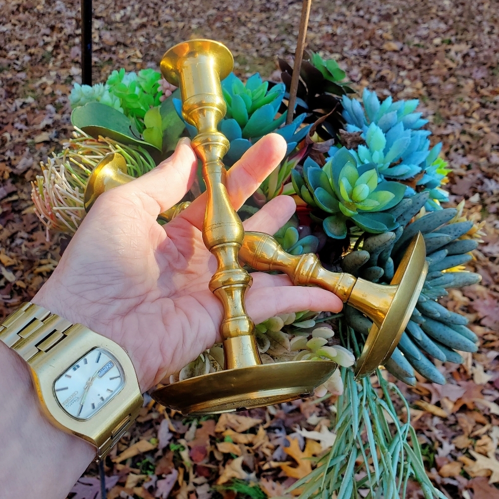 VINTAGE Brass Candlestick Holders 7.5 Inch Set Both Marked "Japan" Mid - century